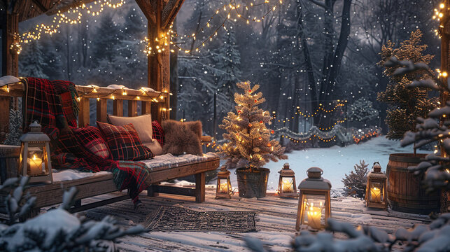 An outdoor patio covered in snow, featuring a wooden bench with cozy plaid blankets and a small Christmas tree in a galvanized bucket, surrounded by lanterns filled with glowing fairy lights.