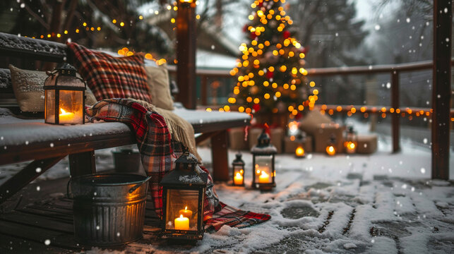 An outdoor patio covered in snow, featuring a wooden bench with cozy plaid blankets and a small Christmas tree in a galvanized bucket, surrounded by lanterns filled with glowing fairy lights.