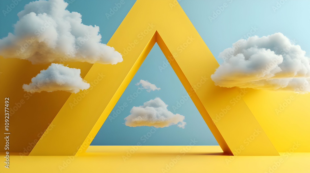 Poster yellow triangle 3d abstract background with clouds
