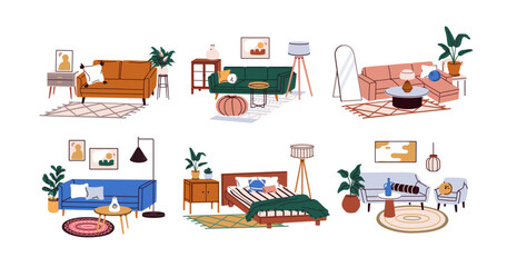 Modern living room and bedroom interior designs. Stylish home furniture, trendy style sofa, couch, armchair, coffee table, bed and cozy decor. Flat vector illustration isolated on white background