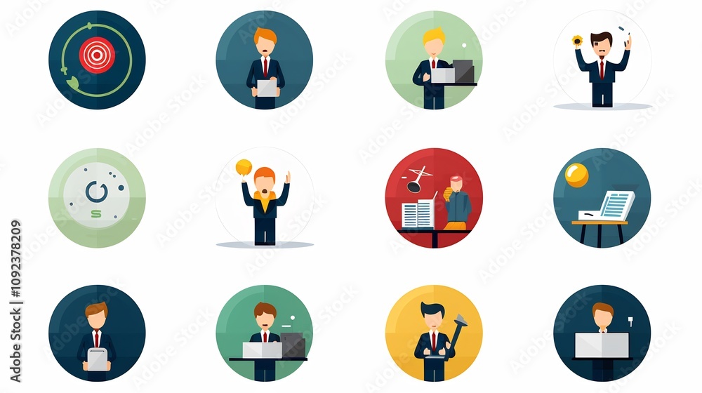 Poster minimalist flat icons for business presentation and skill development concepts