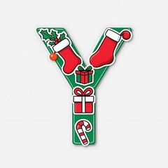 Festive Christmas Letter Y Decoration with Holiday Accessories Including Stockings, Gifts, Candy Cane, and Holly Leaves for Joyful Seasonal Celebrations