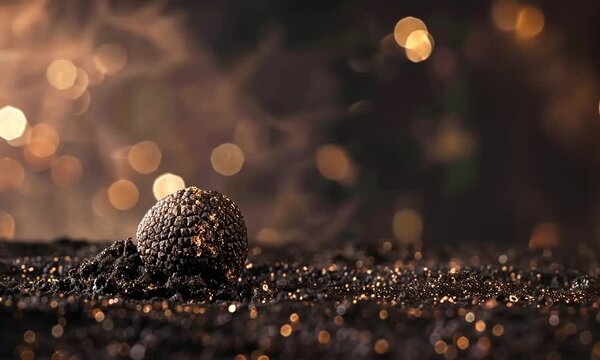Gros plan truffe noire du P&eacute;rigord tournant lentement, habill&eacute;e d'or alimentaire, fond sombre avec effet bokeh et flares, espace n&eacute;gatif, produits gastronomiques ou de luxe, f&ecirc;tes de fin d'ann&eacute;e