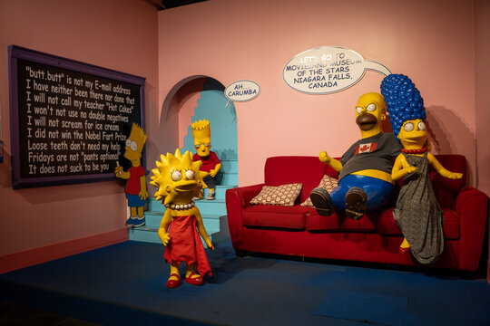 Simpsons wax statues at the Niagara Falls Movieland Wax Museum. Niagara Falls, Canada - September 20, 2024.