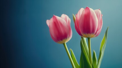 Obraz premium Pink tulips in a serene arrangement with soft petals and vibrant green leaves set against a smooth blue background, featuring ample blank space for text.