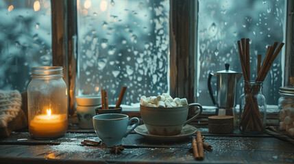 A small wooden table near a frosted window, set with a hot chocolate station featuring vintage mugs, a bowl of marshmallows, and cinnamon sticks in jars.