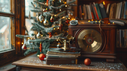 A vintage corner setup featuring an old phonograph, a stack of vinyl Christmas records, and a small tree decorated with glass icicle ornaments.
