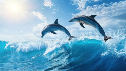 Fototapeta premium Two Dolphins Leaping Through Waves