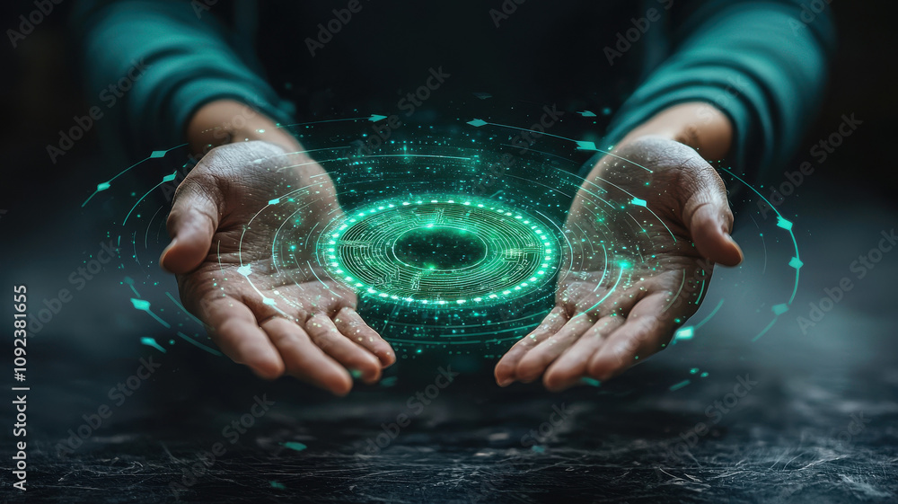 Poster digital representation of money exchange with two hands, showcasing glowing circular interface. hand