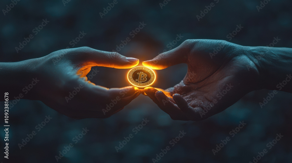 Poster two hands exchanging luminous coin, symbolizing digital currency and connection. glowing coin repres