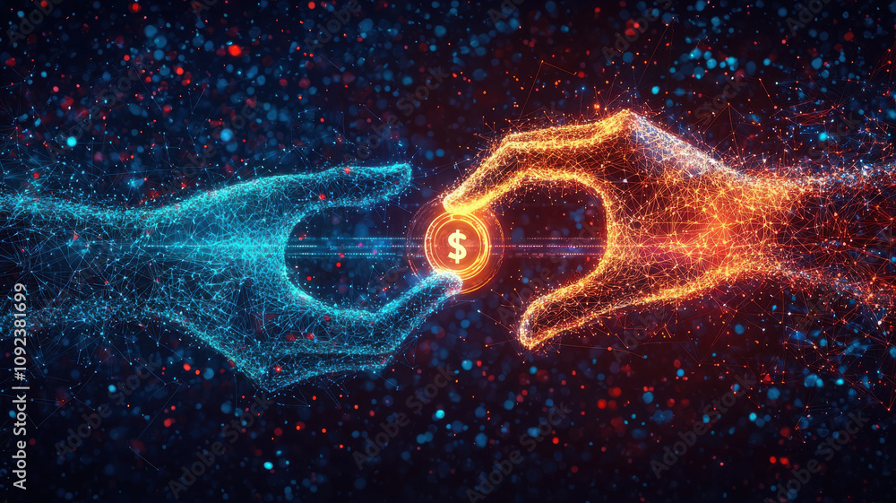 Poster digital hands exchanging glowing coin, symbolizing digital currency and financial transactions in fu