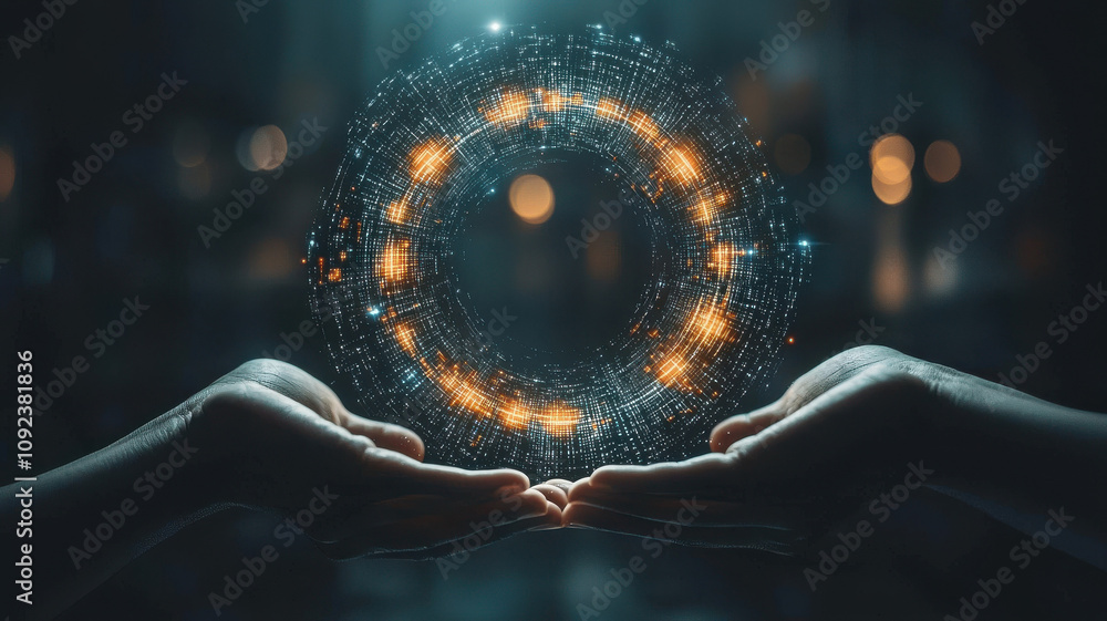 Poster two hands holding glowing circular digital interface, symbolizing technology and connection. vibrant