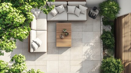 Icons of patio layout from above, with sectional sofa, table, and decorative plants