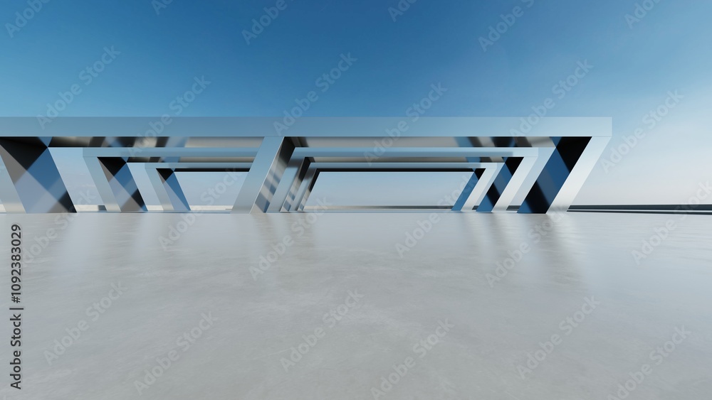 Poster 3d render of abstract modern concrete white architecture with empty cement floor, minimal exterior, car presentation background.