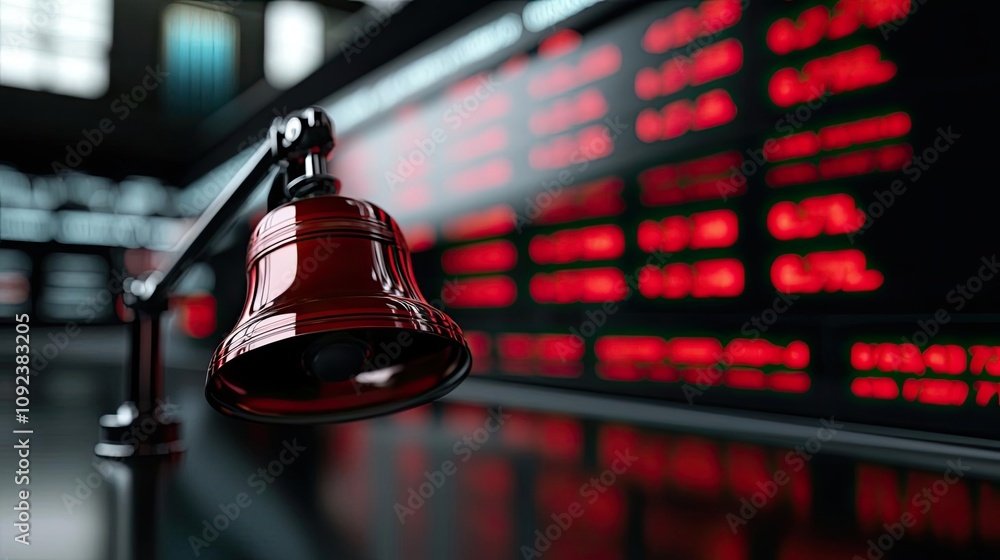 Poster red desk lamp illuminating data display with stock market figures in background.