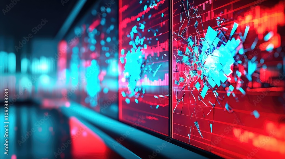 Poster digital screens displaying data visuals and vibrant colors, modern tech aesthetic.