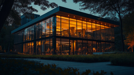 Fototapeta premium Modern glass house with glowing interior lights at night - Floor-to-ceiling windows, reflecting warm lighting, sleek architecture, set in a lush landscape