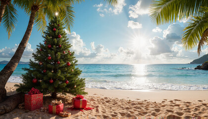 Christmas tree on the beach with the presents. Merry Christmas from Australia