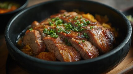 Fototapeta premium Korean boiled pork slices atop tangy cabbage kimchi in a traditional black dish, showcasing rich flavors and vibrant garnishes.