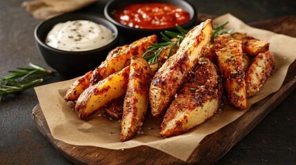 Homemade baked potato fries garnished with rosemary, served with creamy mayonnaise and tangy tomato sauce on a rustic wooden board.