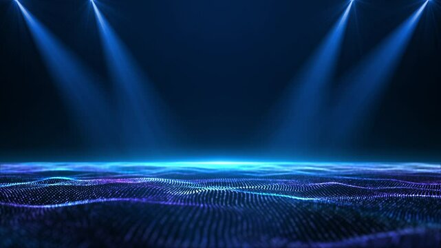 Blue technology wave particles, grid particle line flow, ocean particle dynamic video. Business activities of technology enterprises, LED background for corporate press conference.