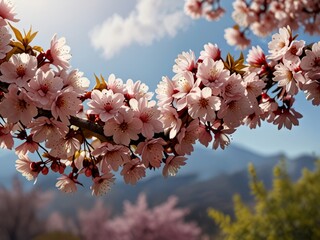 Closeup of pink cherry blossom flowers on branches with sunlight background.