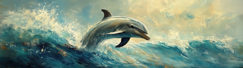 Fototapeta premium A magnificent dolphin leaping gracefully through ocean waves under a vibrant sky, showcasing the beauty of marine life.