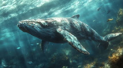 Fototapeta premium A majestic whale gracefully swims through the clear ocean water, surrounded by colorful marine life and serene underwater scenery.