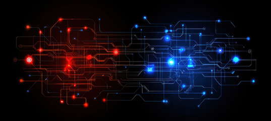 Obraz premium Futuristic digital network grid with vibrant red and blue lights