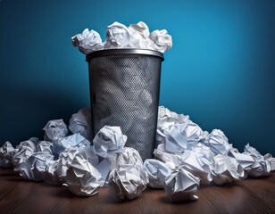 Crumpled paper balls overflowing from a trash can as a sign of frustration