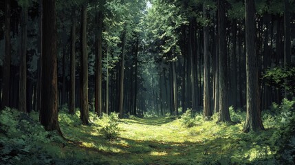 Obraz premium A serene forest path illuminated by gentle sunlight, surrounded by tall trees and lush greenery, inviting tranquility and exploration.