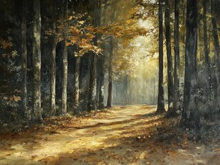 Fototapeta premium A serene forest pathway illuminated by warm autumn light, showcasing vibrant leaves and tranquil nature.