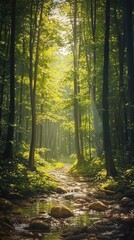 Fototapeta premium A serene forest scene with sunlight filtering through tall trees, illuminating a peaceful stream and lush greenery.