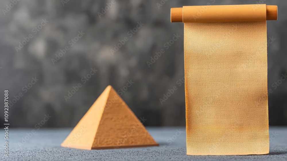 Aufkleber ancient scroll and pyramid model on textured surface, artistic representation.