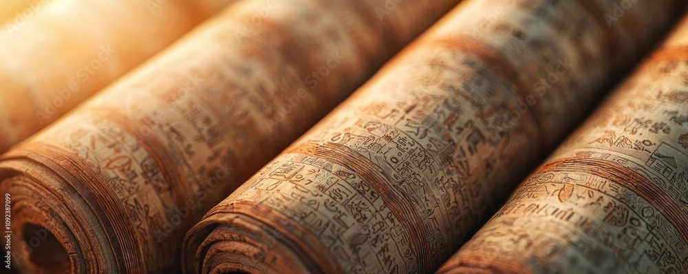 Poster ancient scrolls with intricate text detail on a warm background.