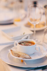 Aromatic cream of tomato soup, garlic toast, cream soup, wedding food, Polish soup, healthy food, antioxidants
