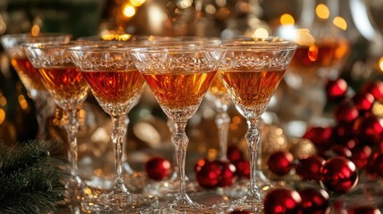 Elegant champagne cocktails in crystal glasses with festive decorations and shimmering ornaments, celebrating a joyful occasion.