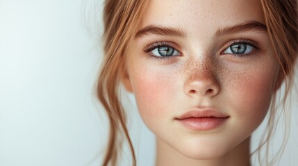 Obraz premium Portrait of a young girl with striking blue eyes and freckles, showcasing soft skin and natural beauty, surrounded by ample copy space for creative themes.