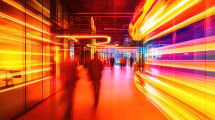Dynamic office scene showcasing people walking through a colorful environment enhanced by vivid motion blur and neon lighting effects.