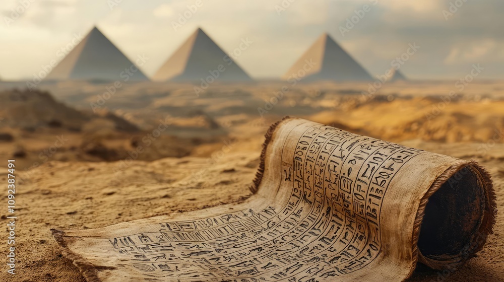 Poster ancient scroll in desert with pyramids in the background, historical significance.