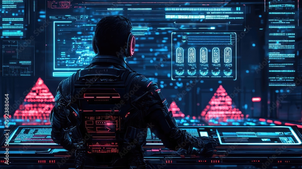 Aufkleber person using advanced technology with futuristic interface and glowing screens.
