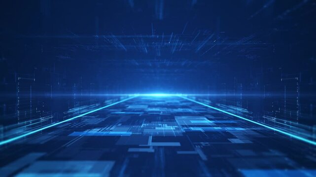 A technology background featuring perspective planes of flickering hi-tech grids. A blue digital terrain of hologram grids and flashing squares.Use this on technology or digital-related projects. 