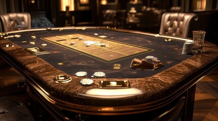A luxurious card table with a golden inlay, featuring a digital