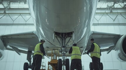 A team of aviation maintenance technicians performing a detailed safety inspection on a jet, preparing it for a long-haul flight