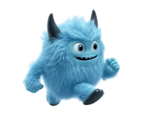 a blue furry toy with horns running