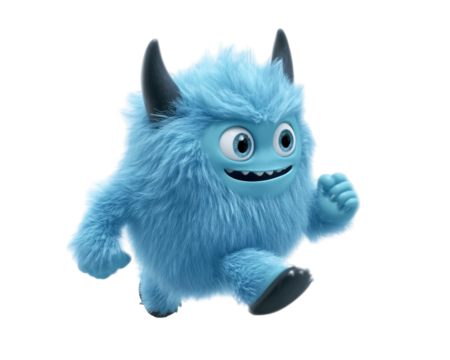 a blue furry toy with horns running