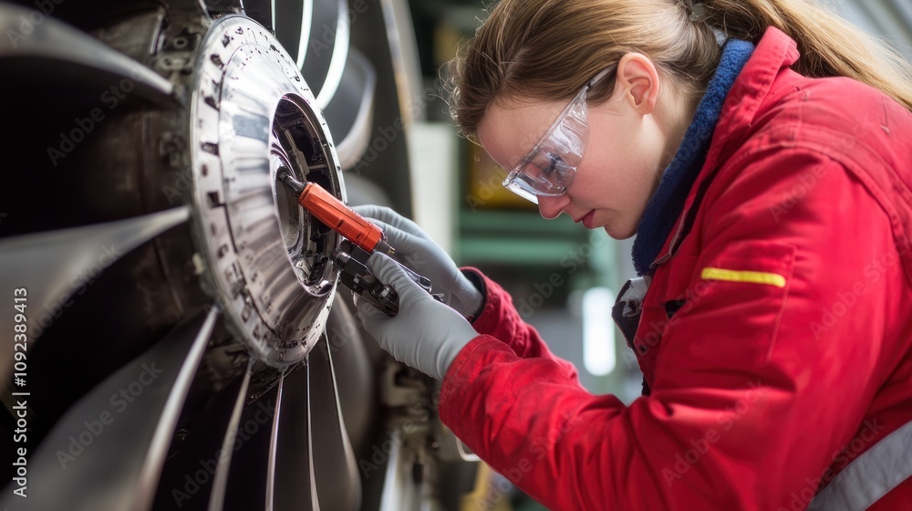 Poster a technician performing a jet engine inspection using specialized instruments to measure wear and te