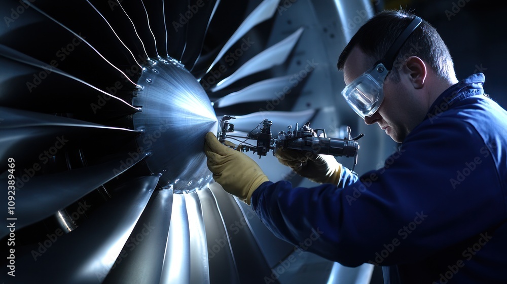 Poster a technician performing a jet engine inspection using specialized instruments to measure wear and te