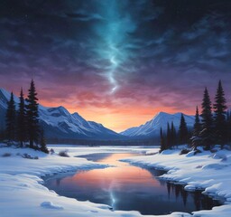 Illustration of winter landscape with frozen lake and starry sky.