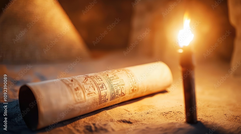 Poster ancient scroll with hieroglyphics, illuminated by candlelight.
